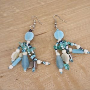 Blue beaded glass shell earrings beach